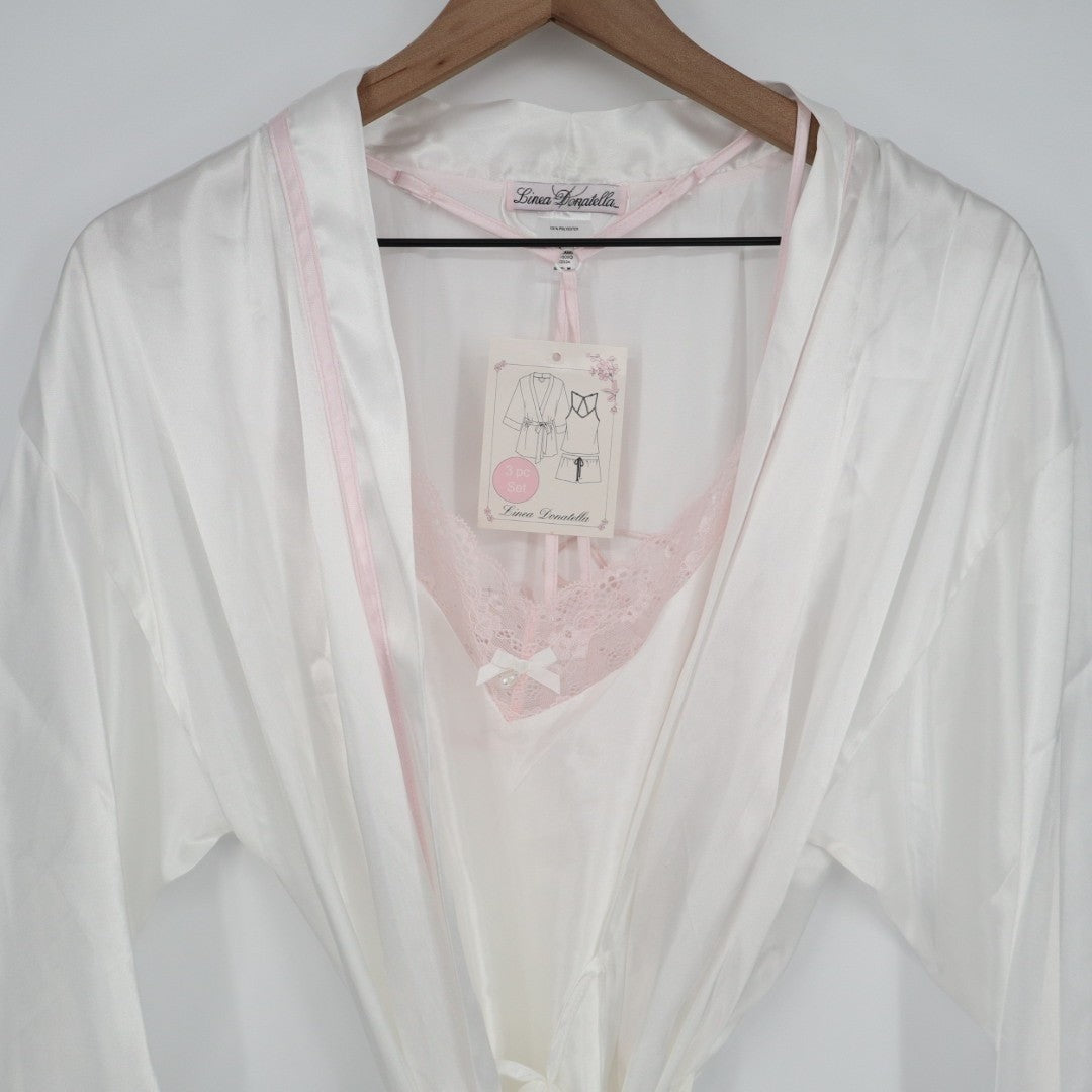 Linea Donatella Bride Satin Wrap Robe Set Women M Beige Pink Tie Waist Sleepwear