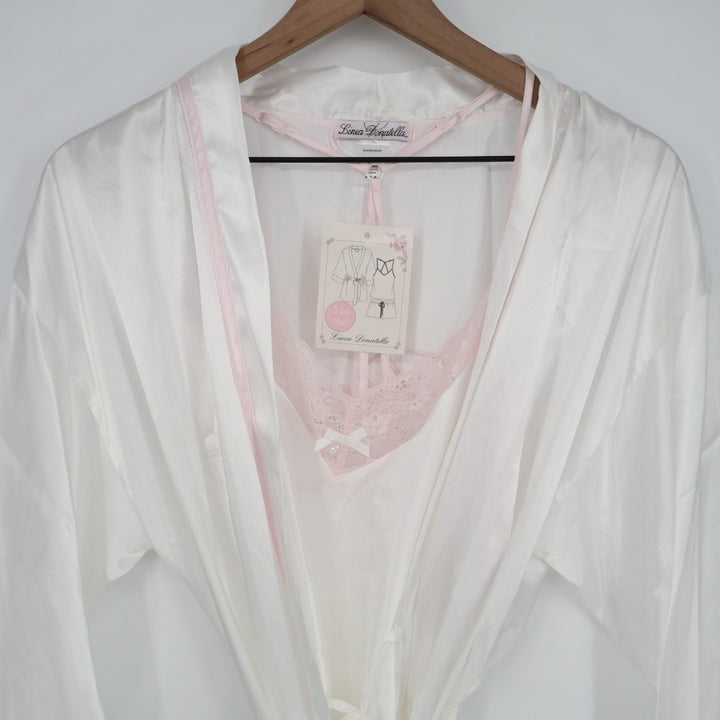 Linea Donatella Bride Satin Wrap Robe Set Women M Beige Pink Tie Waist Sleepwear