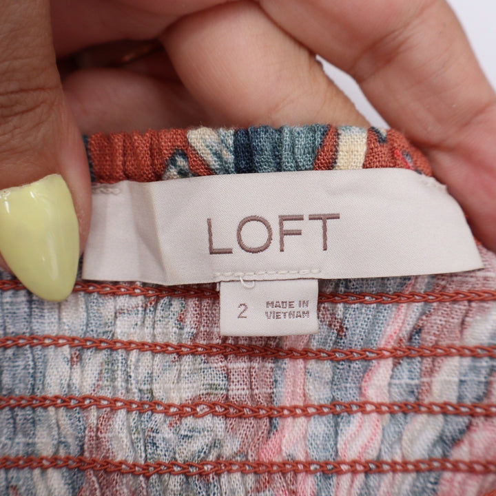 LOFT Tropical Palm Floral Button Front Linen Blend Crop Cami Top Orange Size 2