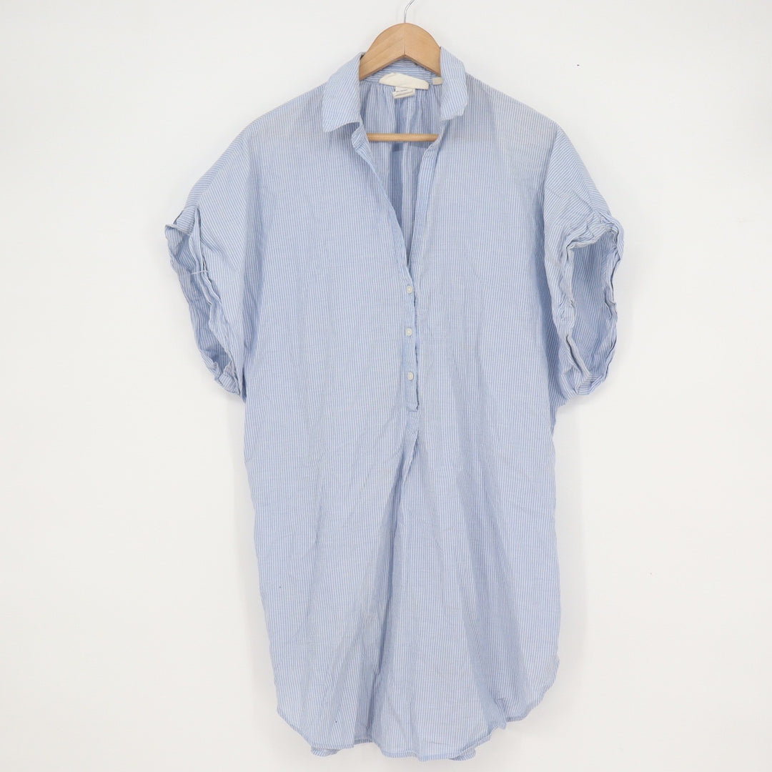 HM LOGG Blue White Pinstripe Cotton Tunic Shirt Dress Womens 12 Short Sleeve