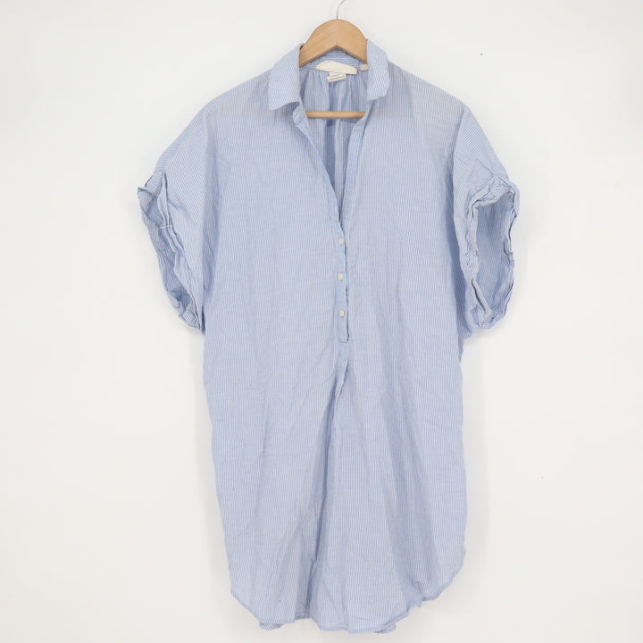 HM LOGG Blue White Pinstripe Cotton Tunic Shirt Dress Womens 12 Short Sleeve