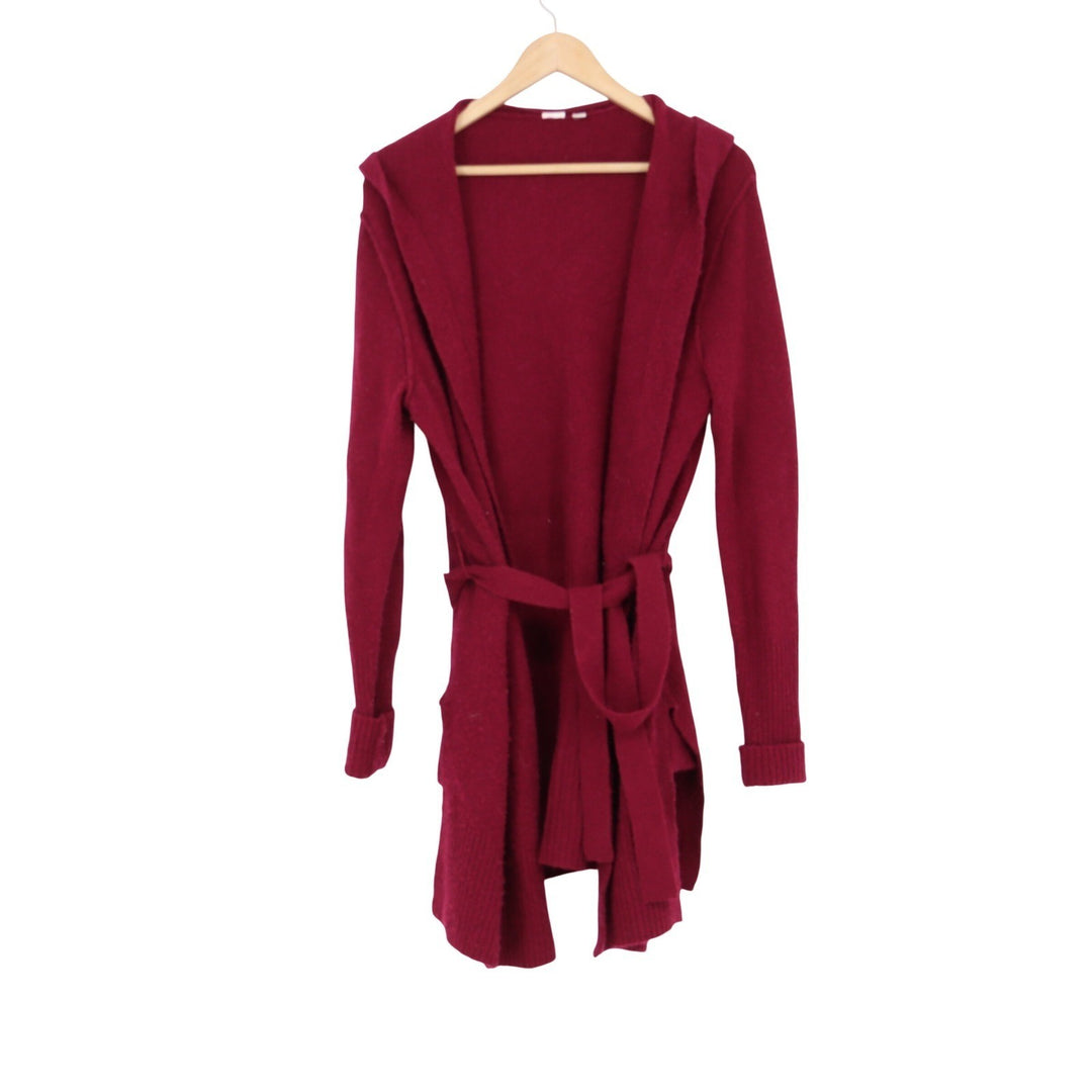 GAP Womens XS Red Wine Boucle Hooded Longline Belted Cardigan Sweater