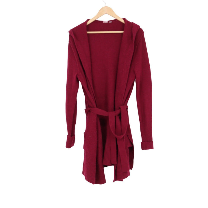 GAP Womens XS Red Wine Boucle Hooded Longline Belted Cardigan Sweater