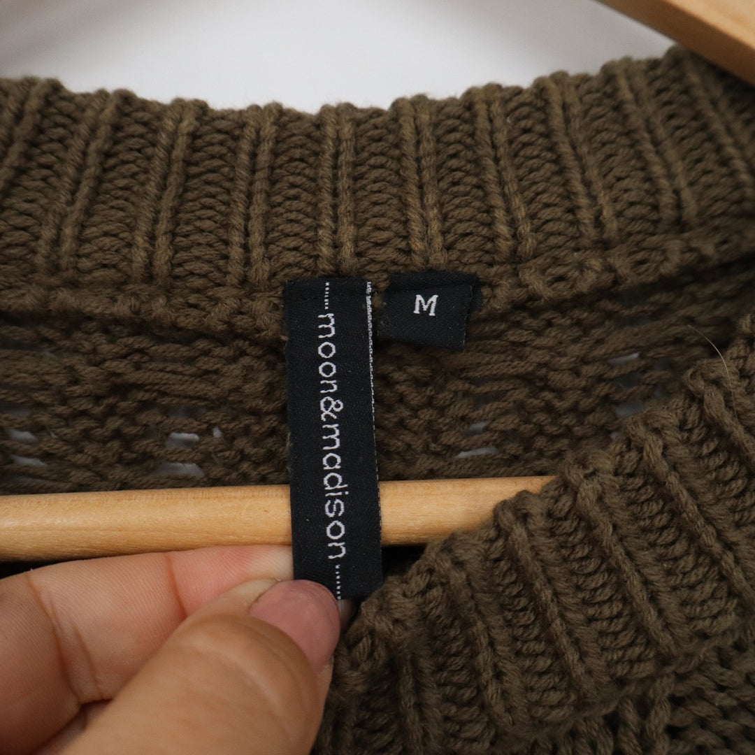 Moon & Madison Olive Green Cable Knit Sweater Crew Neck Chunky Pullover Medium
