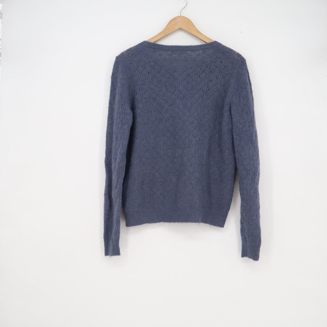 Boden Womens Blue Mohair Wool Blend Pointelle Diamond Knit Cardigan Sweater M