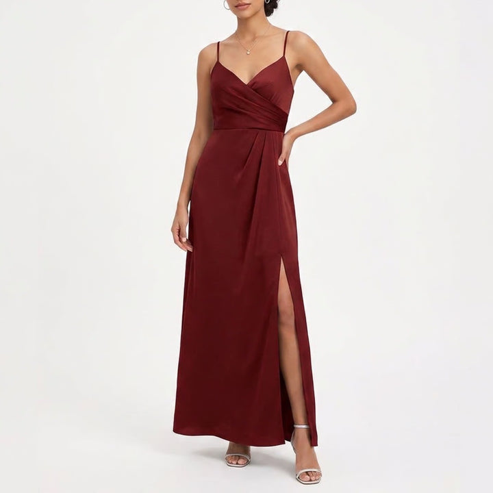 Azazie Burgundy V-Neck Spaghetti Strap Maxi Bridesmaid Dress Gown Size A16