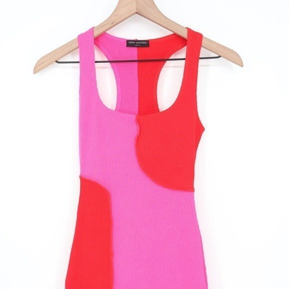 Naked Wardrobe Pink Red Colorblock Ribbed Midi Dress NW-D2400 Size M