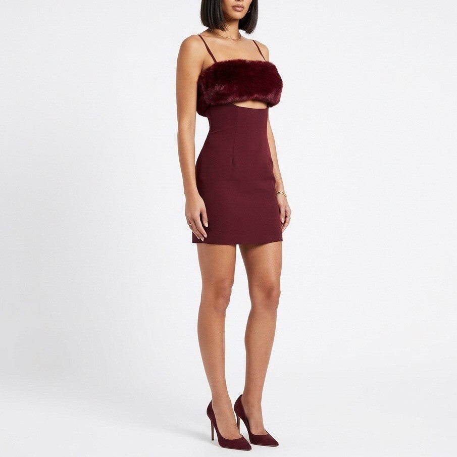 Naked Wardrobe Marron Faux Fur Trim Cutout Mini Dress Small Burgundy