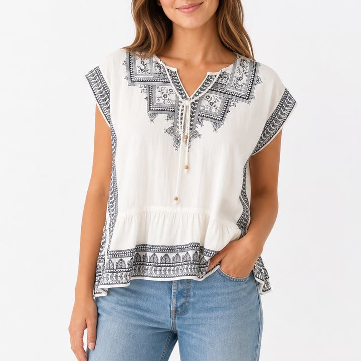 World Market White Navy Blue Embroidered Cotton Peasant Blouse Peplum Top S/M