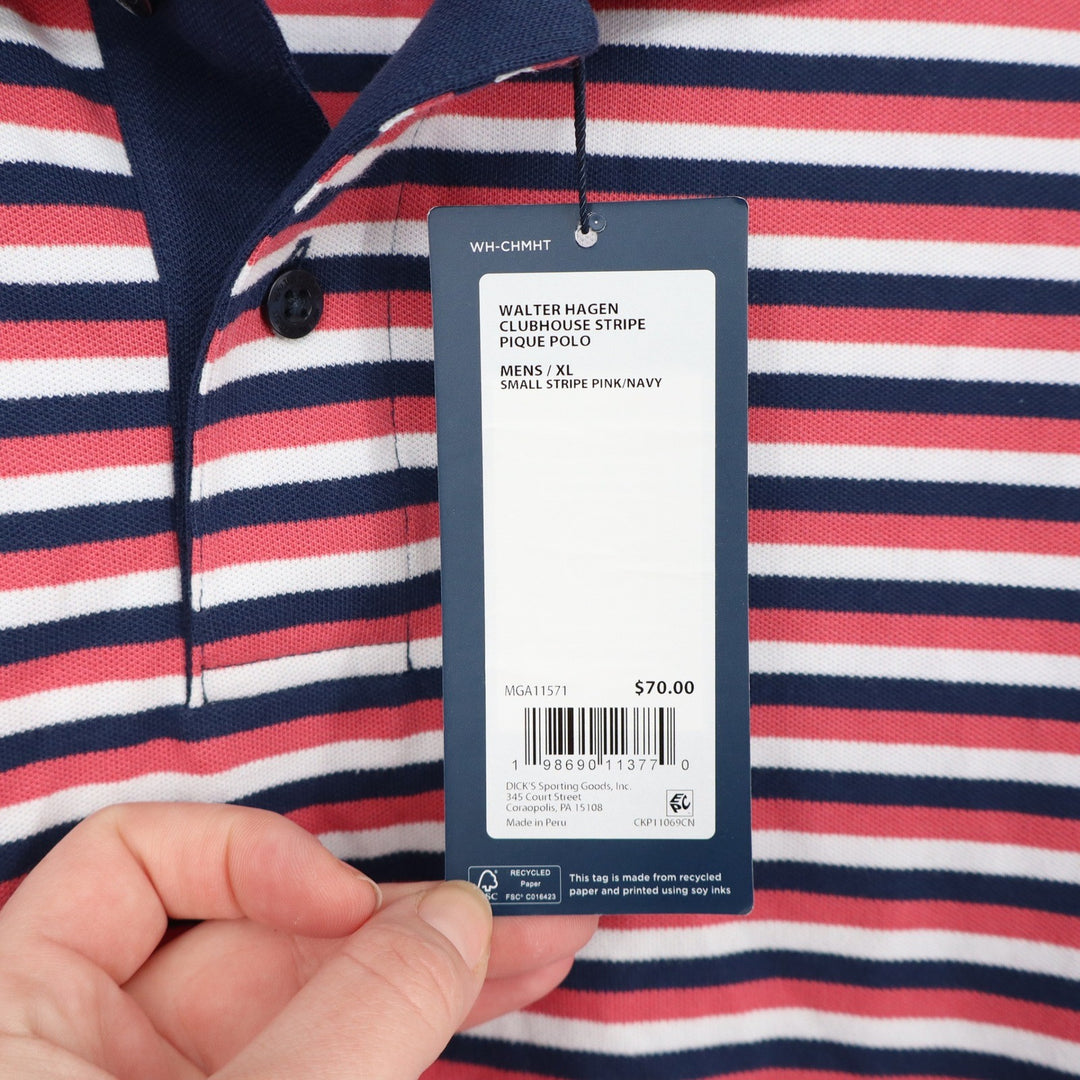 Walter Hagen Mens Clubhouse Stripe Pique Polo Shirt XL Pink Navy