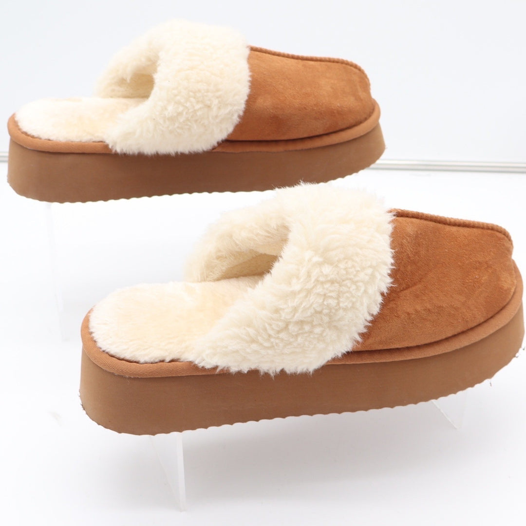 Chestnut Faux Suede Platform Slippers Faux Fur Lined Mule Clogs Women Size 9
