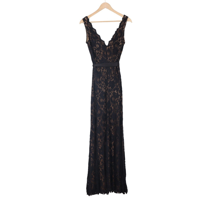 Windsor Black Floral Lace V-Neck Maxi Dress Tan Lining Size 5/6