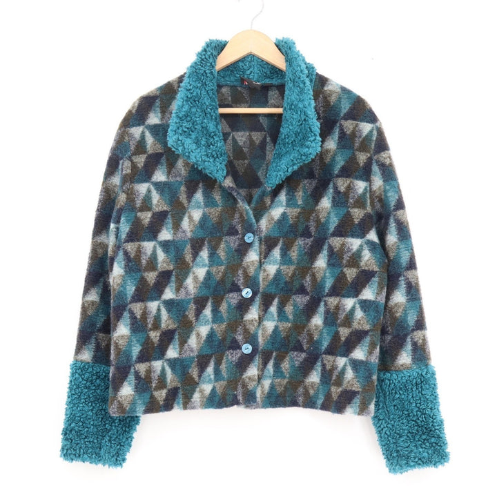 TLB Design Womens Mohair Wool Blend Geometric Jacket Teal Sherpa Trim Large L