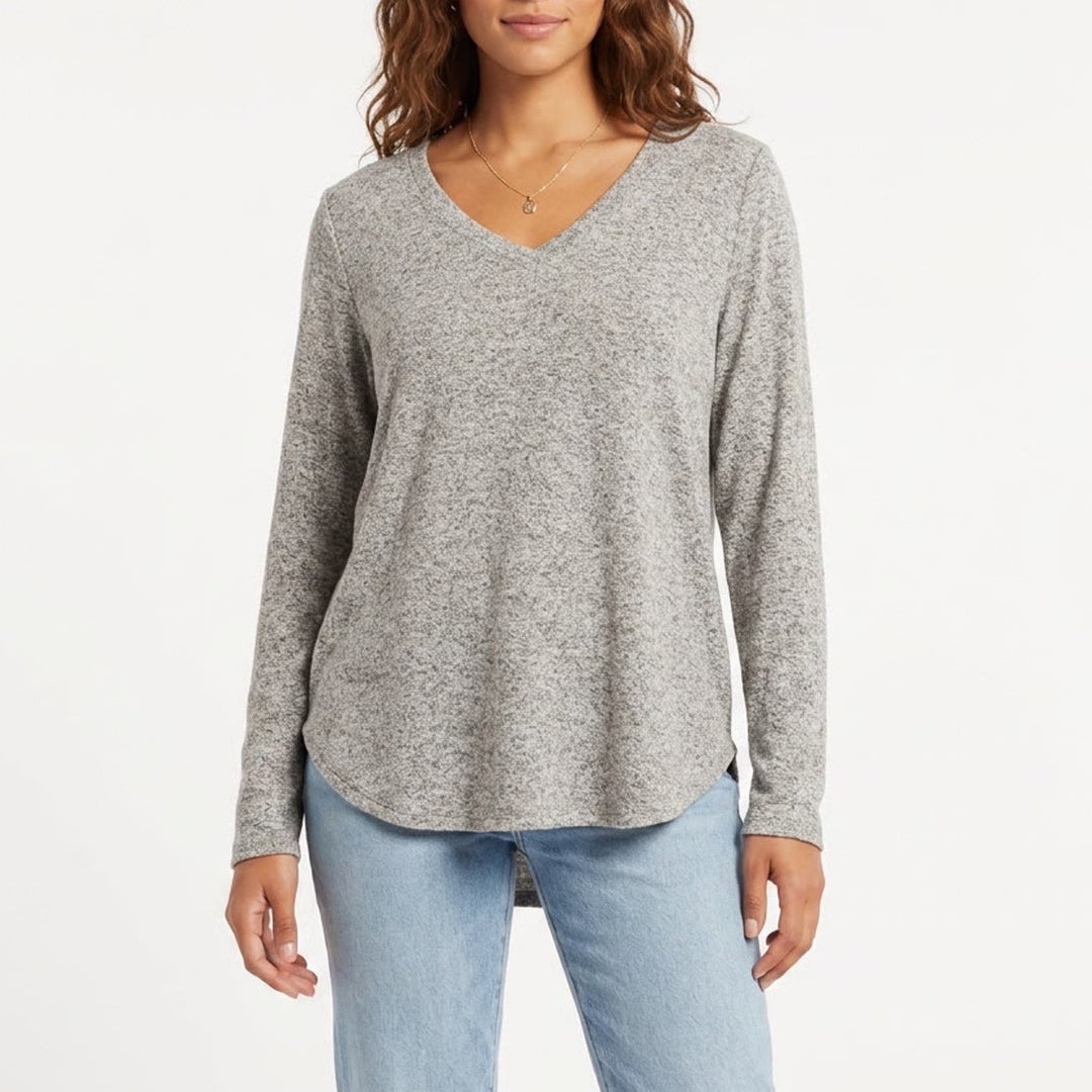 Ava & Viv Womens Plus 1X Grey Marled V-Neck Long Sleeve Knit Top Curved Hem