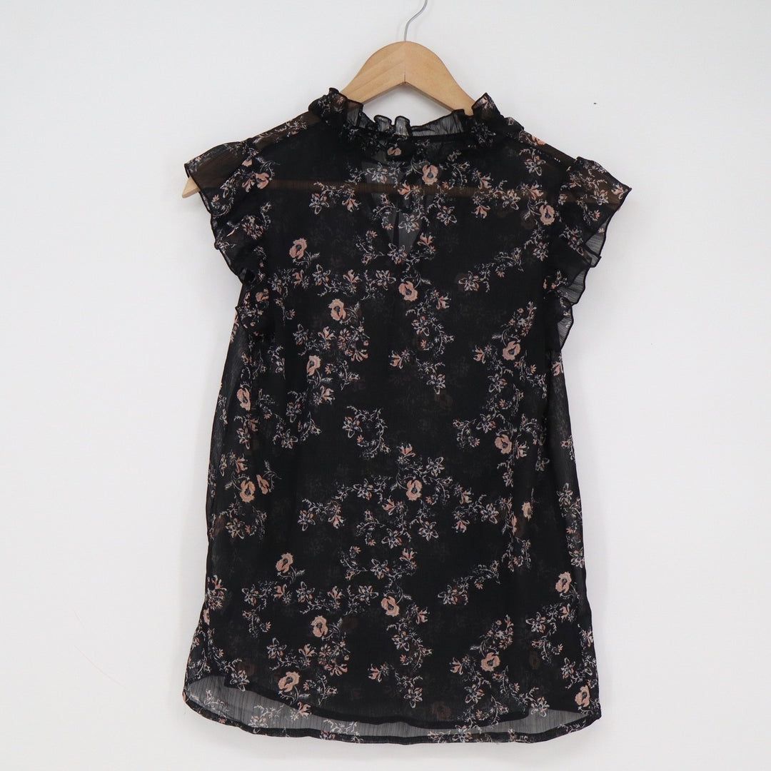 Mossimo Black Floral Sheer Ruffle Neck Tie Front Sleeveless Blouse XS