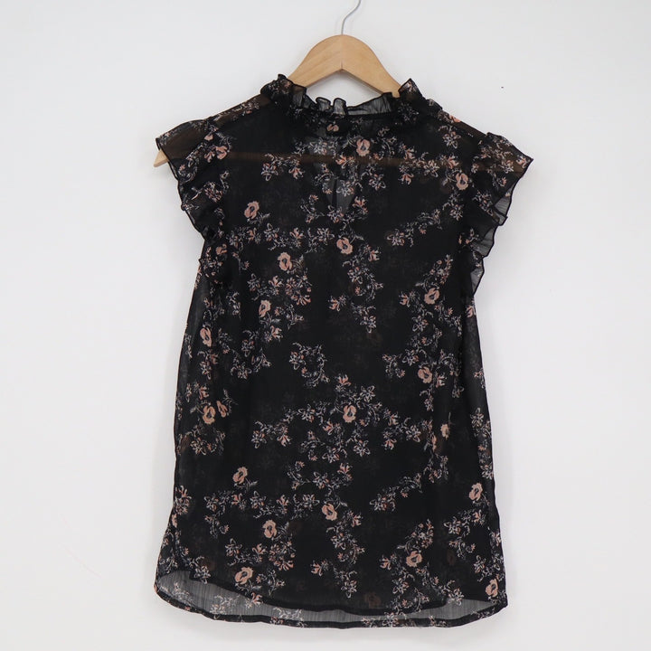 Mossimo Black Floral Sheer Ruffle Neck Tie Front Sleeveless Blouse XS