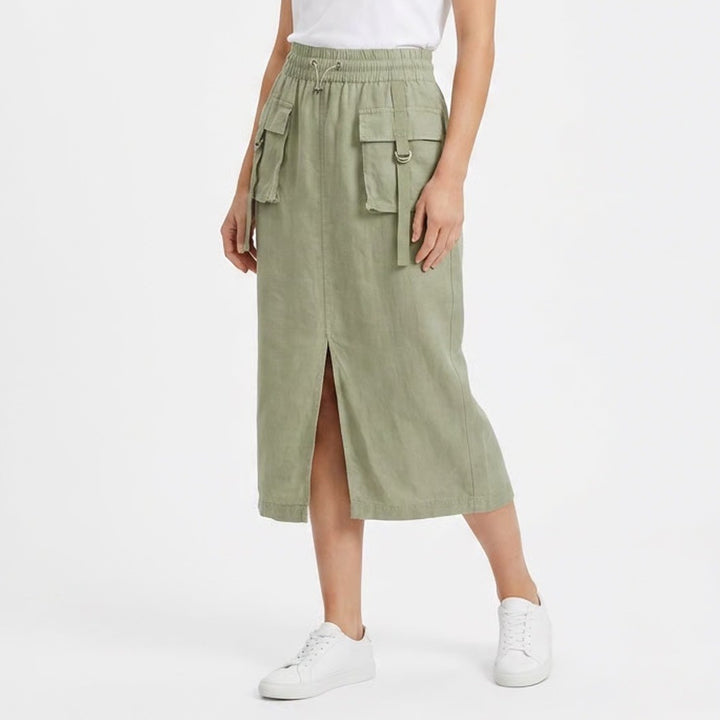 Nicole Miller New York Cargo Midi Skirt Women Small Olive Green Drawstring Waist