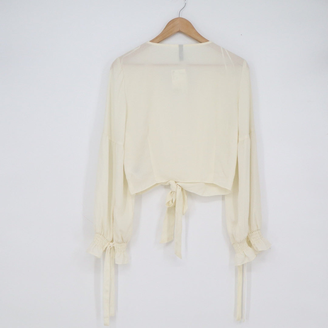 HM Divided Cream Lace Trim Cropped Tie Front Balloon Sleeve Blouse Womens 10 NEW