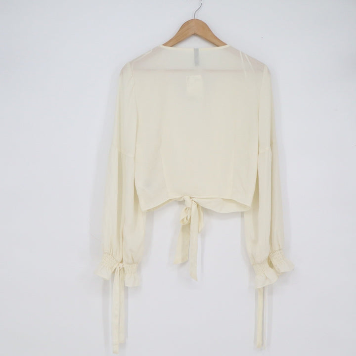 HM Divided Cream Lace Trim Cropped Tie Front Balloon Sleeve Blouse Womens 10 NEW