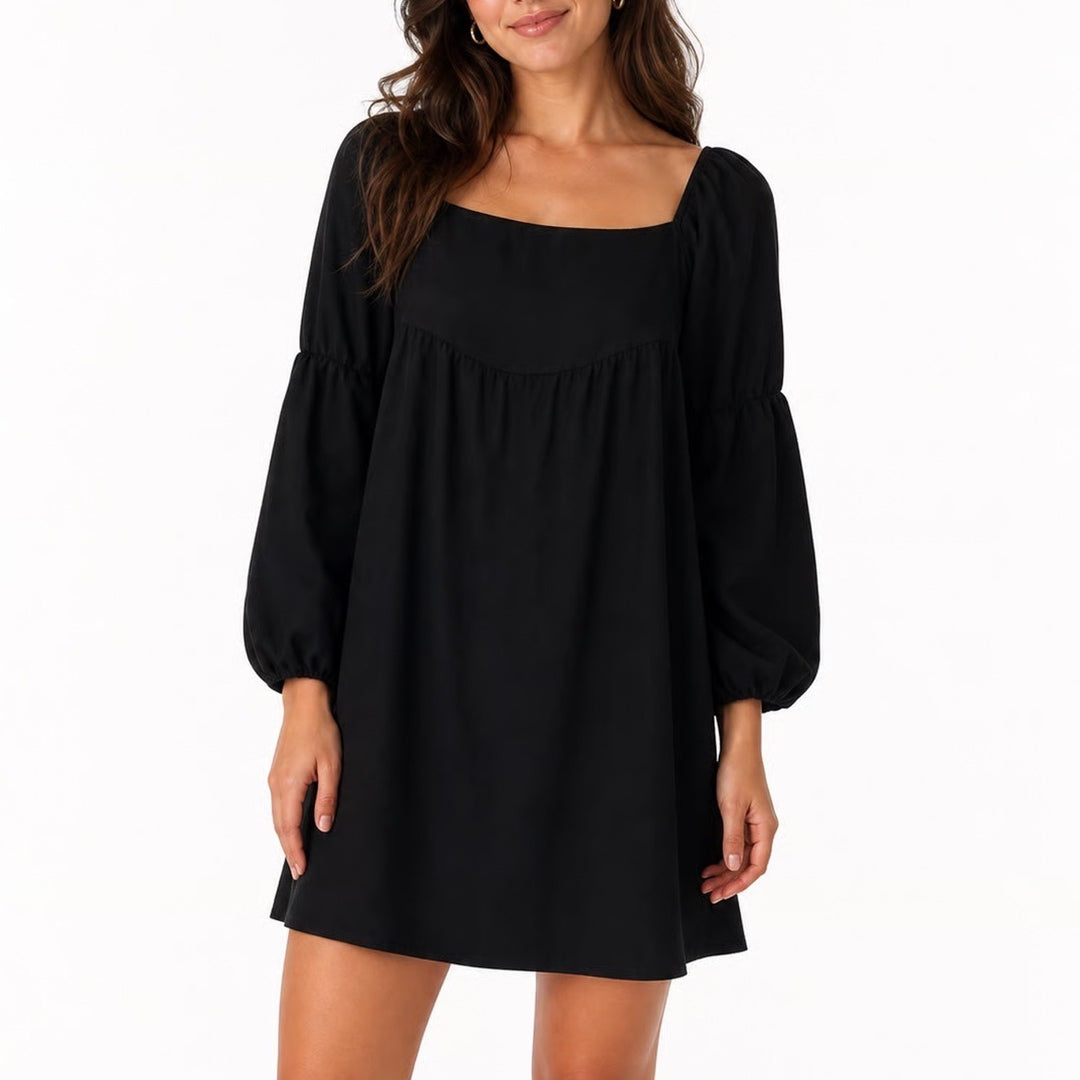 Exlura Black Puff Sleeve Mini Dress Square Neck Smocked Back L