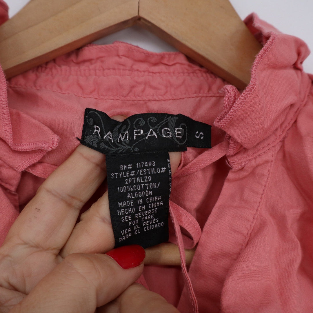 Rampage Women's Coral Pink Ruffle Neck Short Sleeve Cotton Blouse Size S