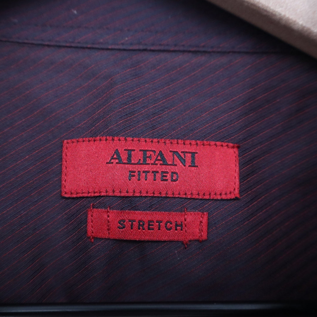 Alfani Fitted Mens Burgundy Navy Micro Stripe Stretch Dress Shirt 16 34-35 L