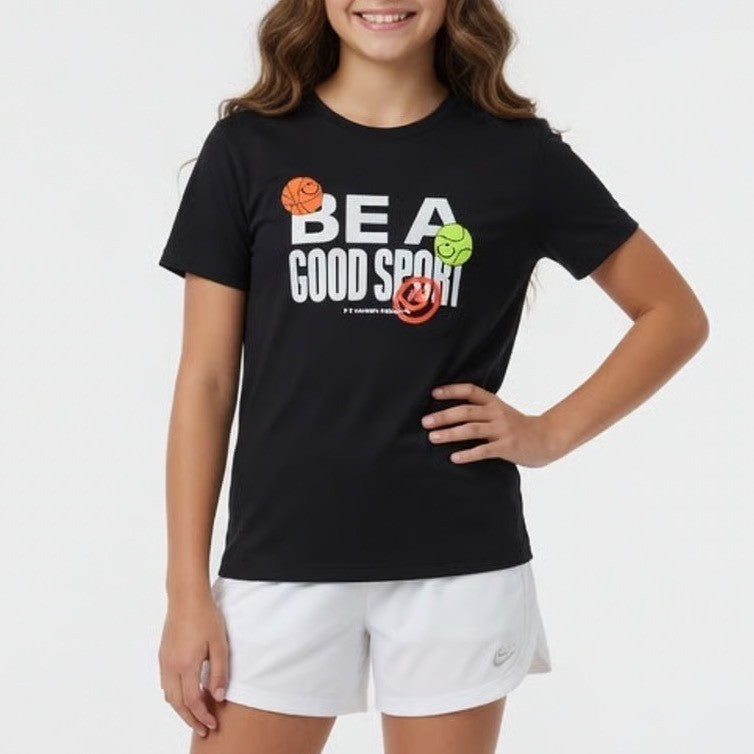 Under Armour Girls Be A Good Sport Tech Tee Black Graphic Shirt YM Medium