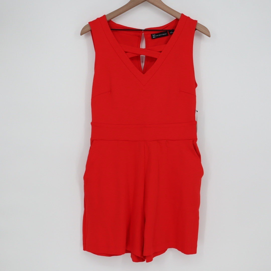 New York & Company Red V Neck Keyhole Bow Detail Sleeveless Romper Shorts Size S