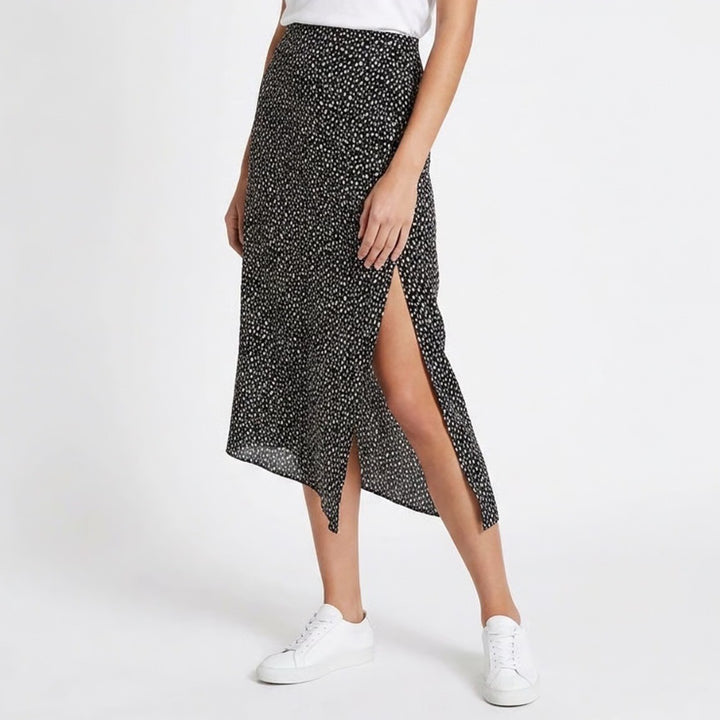 SHEIN Black White Abstract Spot Print Midi Skirt XL Side Slit Elastic Waist