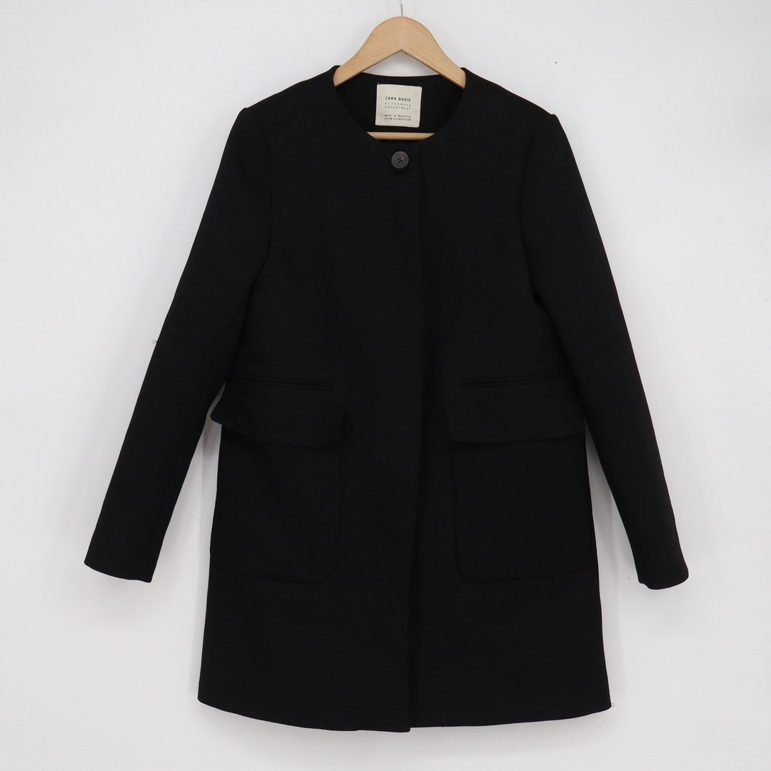 Zara Basic Womens Black Collarless Single Button Flap Pocket Coat Size M