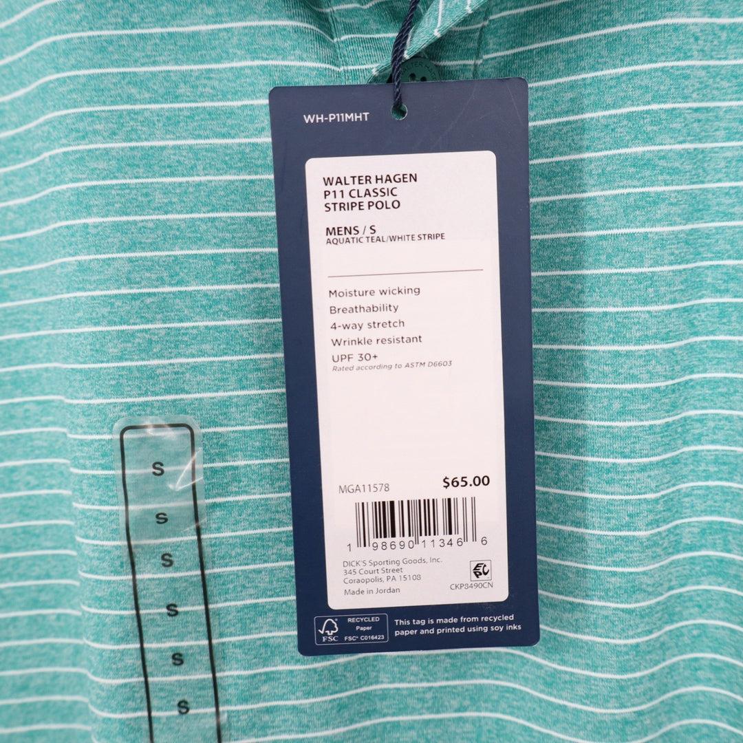 Walter Hagen Mens P11 Classic Stripe Polo Shirt Aquatic Teal White Small