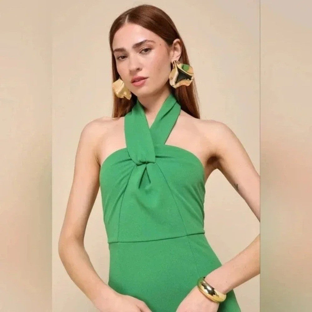 Lulus Mesmerizing Perfection Green Halter Neck Backless Maxi Dress Size S