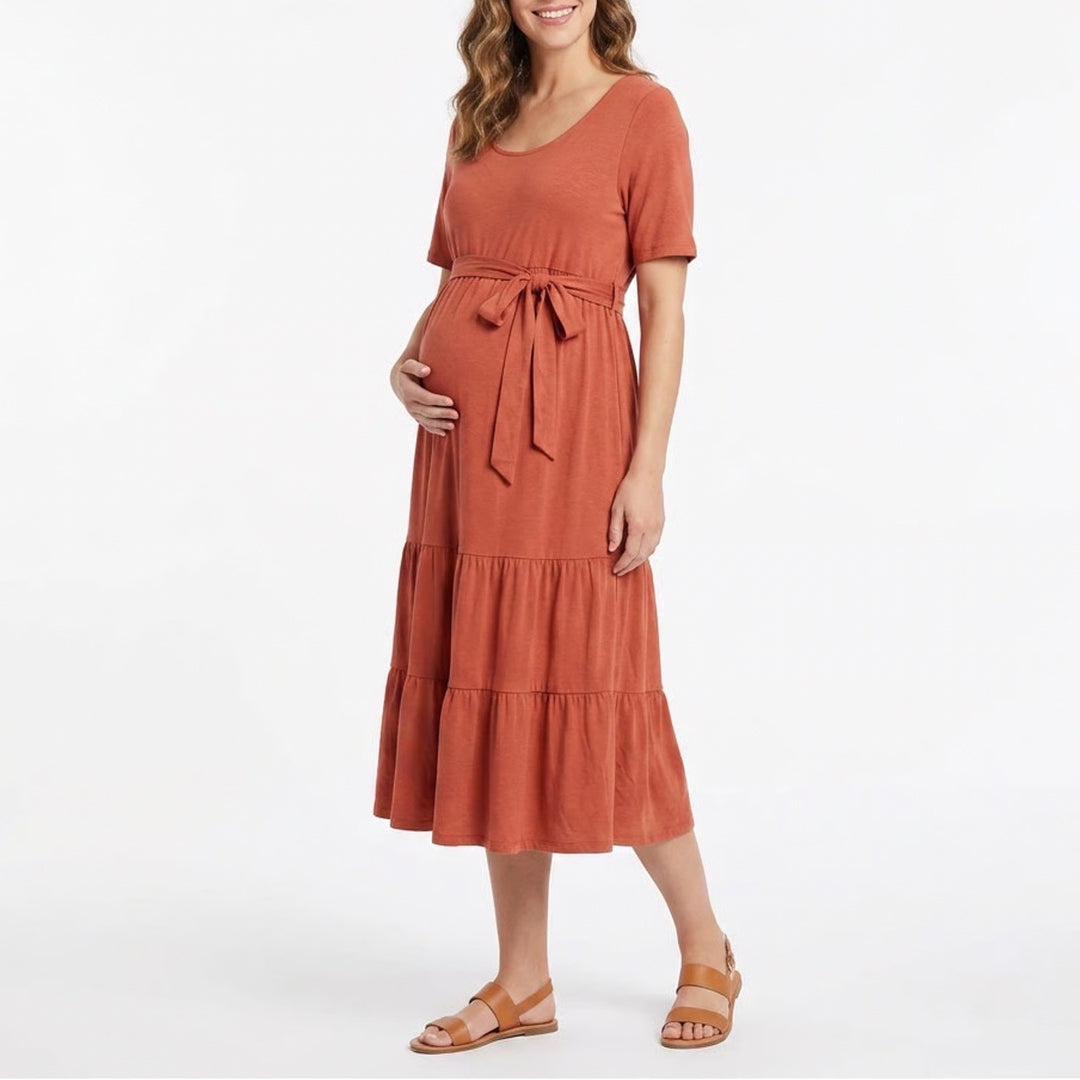 Isabel Maternity by Ingrid & Isabel Rust Tiered Midi Dress XL Short Sleeve