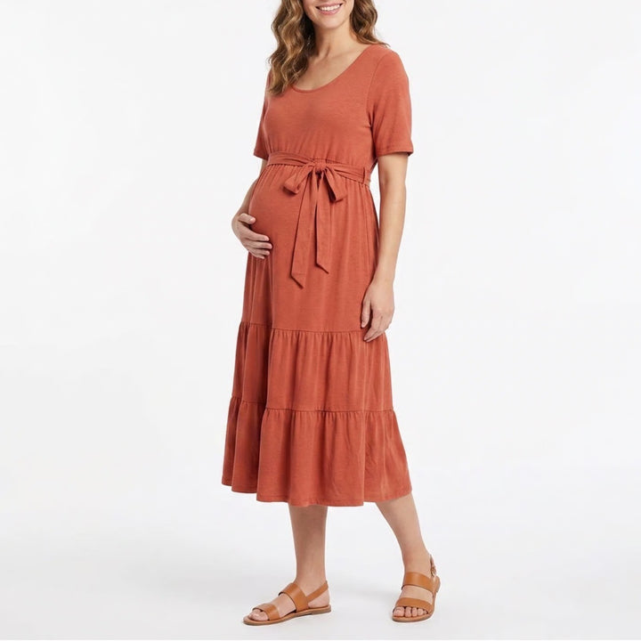 Isabel Maternity by Ingrid & Isabel Rust Tiered Midi Dress XL Short Sleeve
