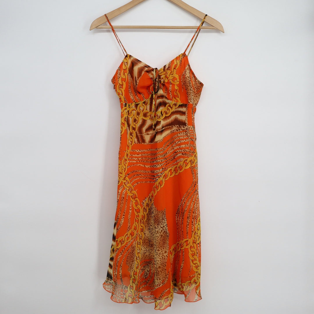 Orange Animal Print Chain Link Midi Dress Spaghetti Strap Y2K Lettuce Hem