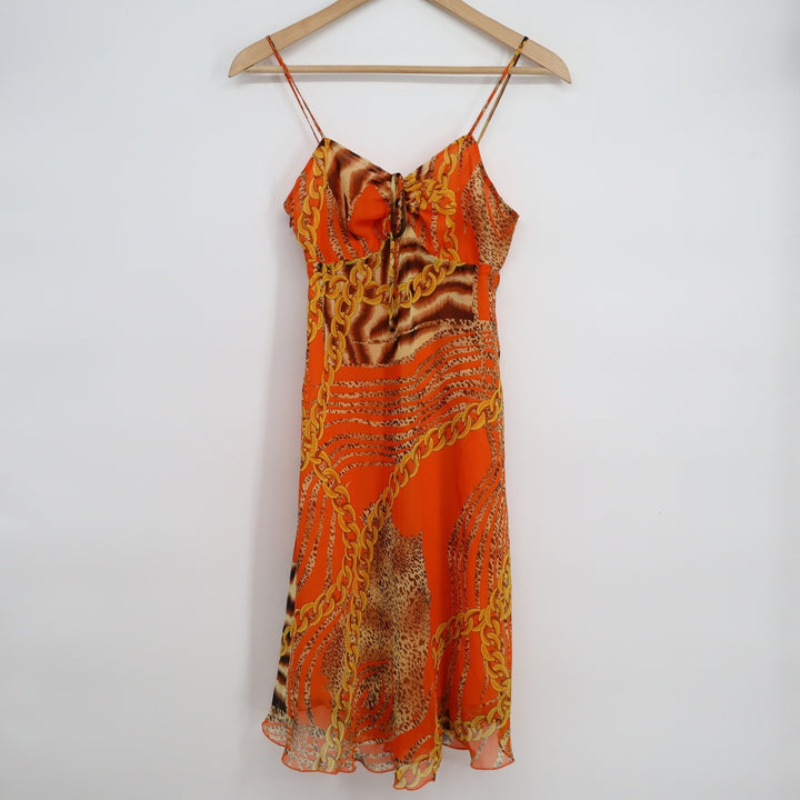 Orange Animal Print Chain Link Midi Dress Spaghetti Strap Y2K Lettuce Hem