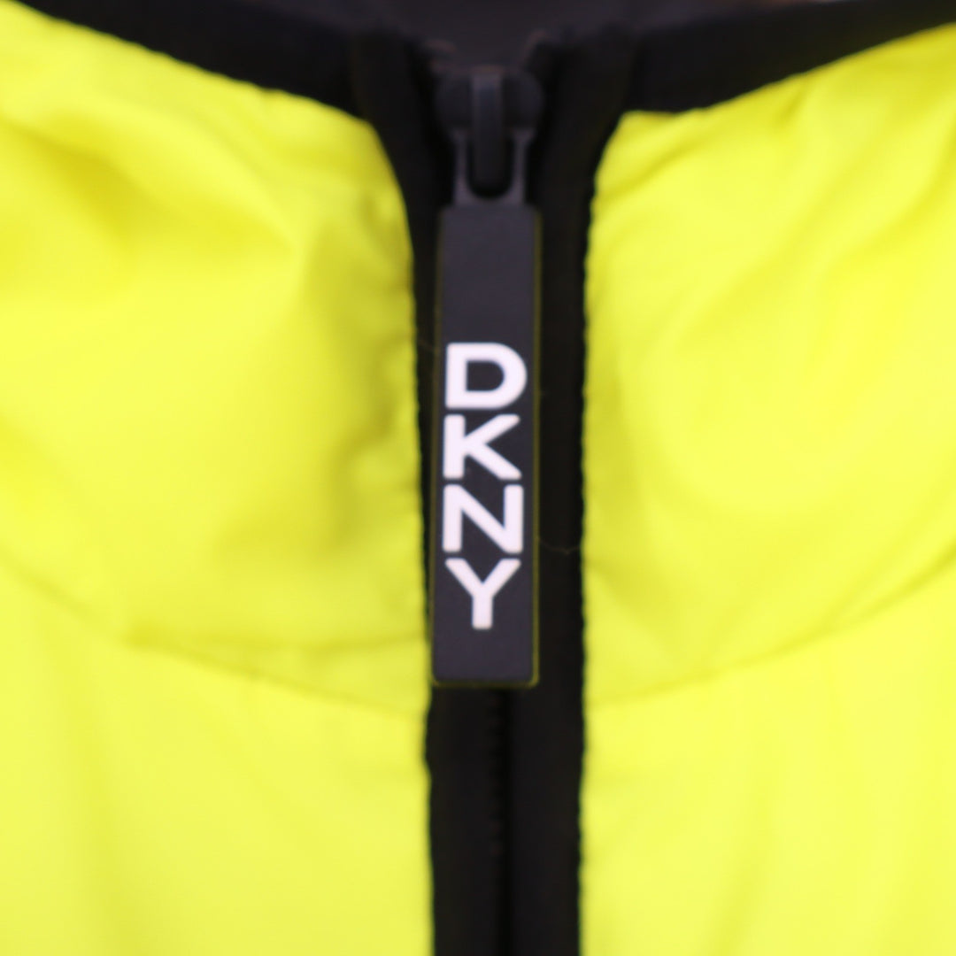 DKNY Mens Neon Yellow Hooded Puffer Jacket Logo Sleeve Full Zip Medium