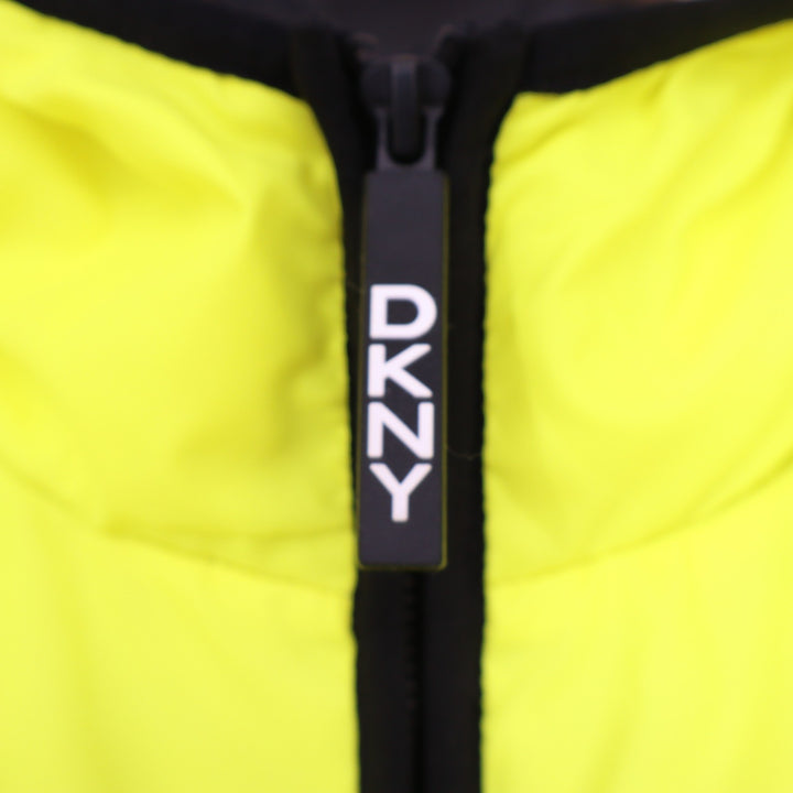 DKNY Mens Neon Yellow Hooded Puffer Jacket Logo Sleeve Full Zip Medium