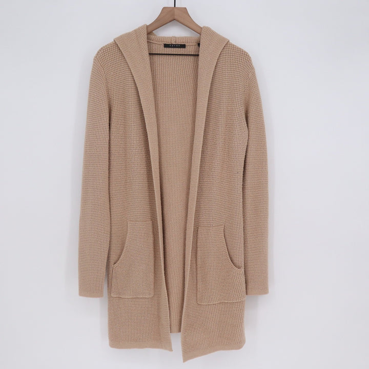 Cyrus Tan Waffle Knit Hooded Cardigan Open Front Duster Sweater L