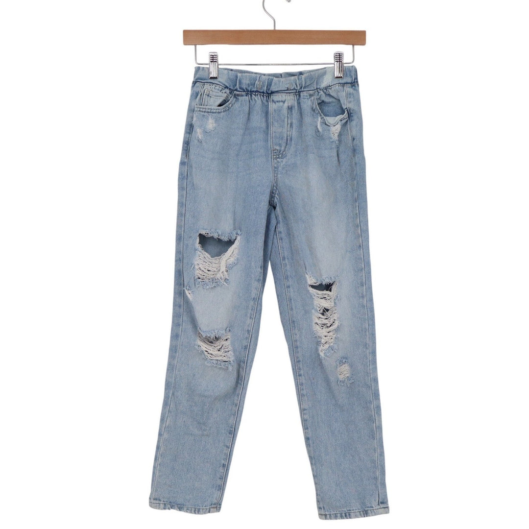 Sincerely Jules Womens Distressed Straight Leg Jeans Light Wash Elastic Waist S
