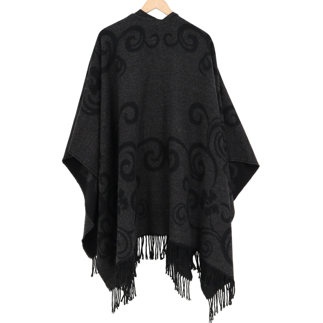 Charcoal Grey Black Scroll Filigree Fringe Open Front Poncho Wrap Shawl Cape