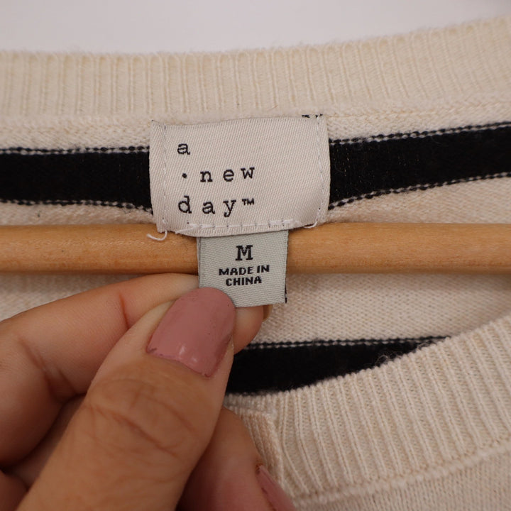 A New Day Womens Striped Button Front Cardigan Sweater Cream Black Size M
