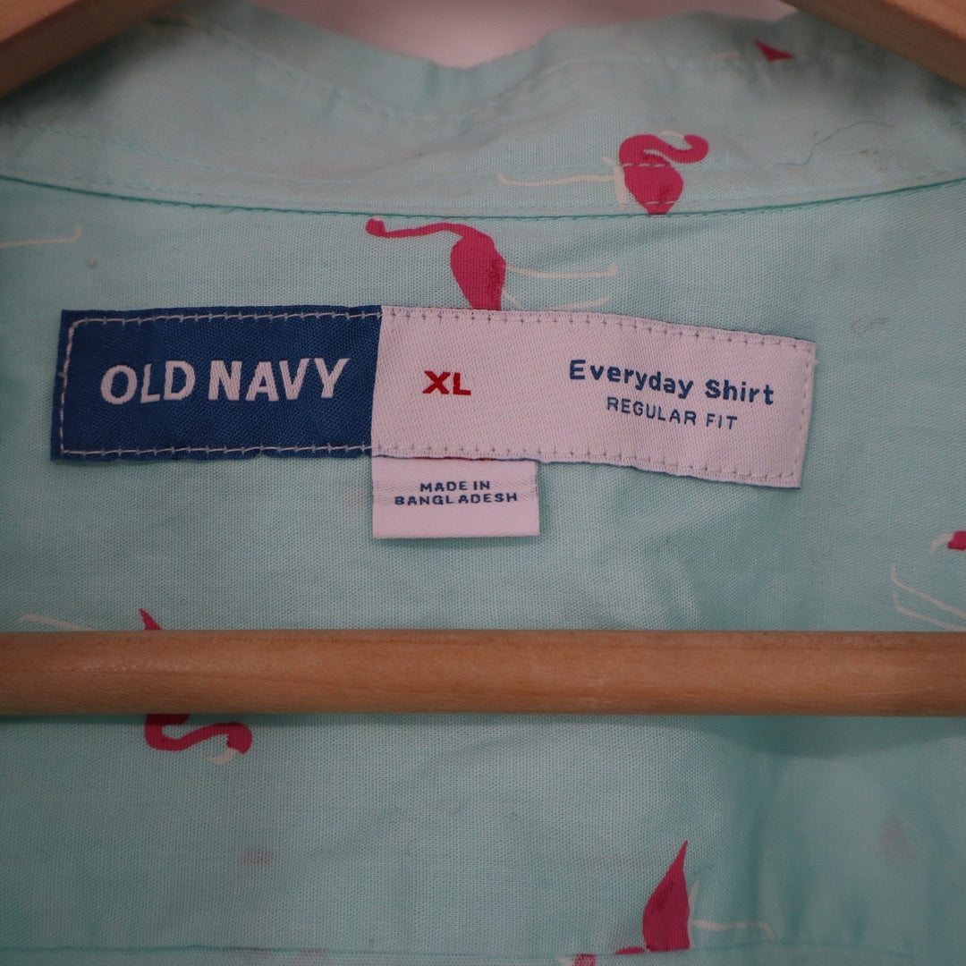 Old Navy Mens Everyday Shirt XL Mint Green Pink Flamingo Print Cotton Button