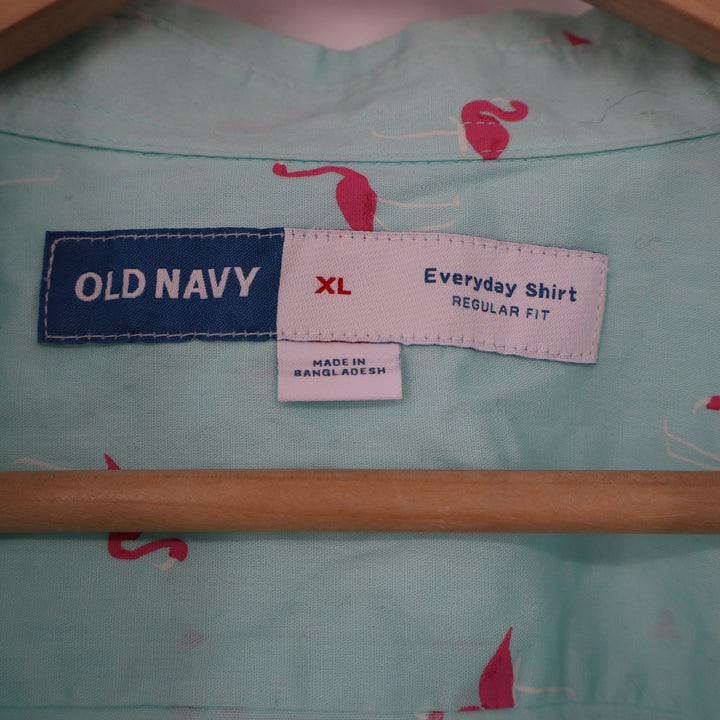 Old Navy Mens Everyday Shirt XL Mint Green Pink Flamingo Print Cotton Button