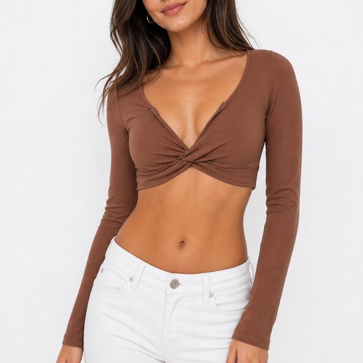SHEIN Rust Brown Twist Front Long Sleeve Crop Top V-Neck XS