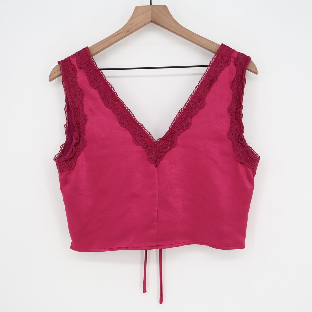 Stile by Per Lei Magenta Satin Lace Trim Tie Front Crop Top Large NEW