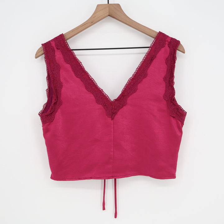 Stile by Per Lei Magenta Satin Lace Trim Tie Front Crop Top Large NEW