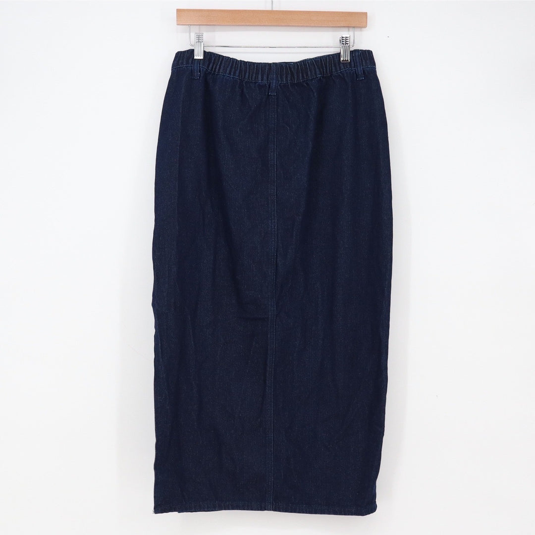 Lulus Denim Skirt Womens L Dark Wash Blue Side Slit Elastic Back Excellent