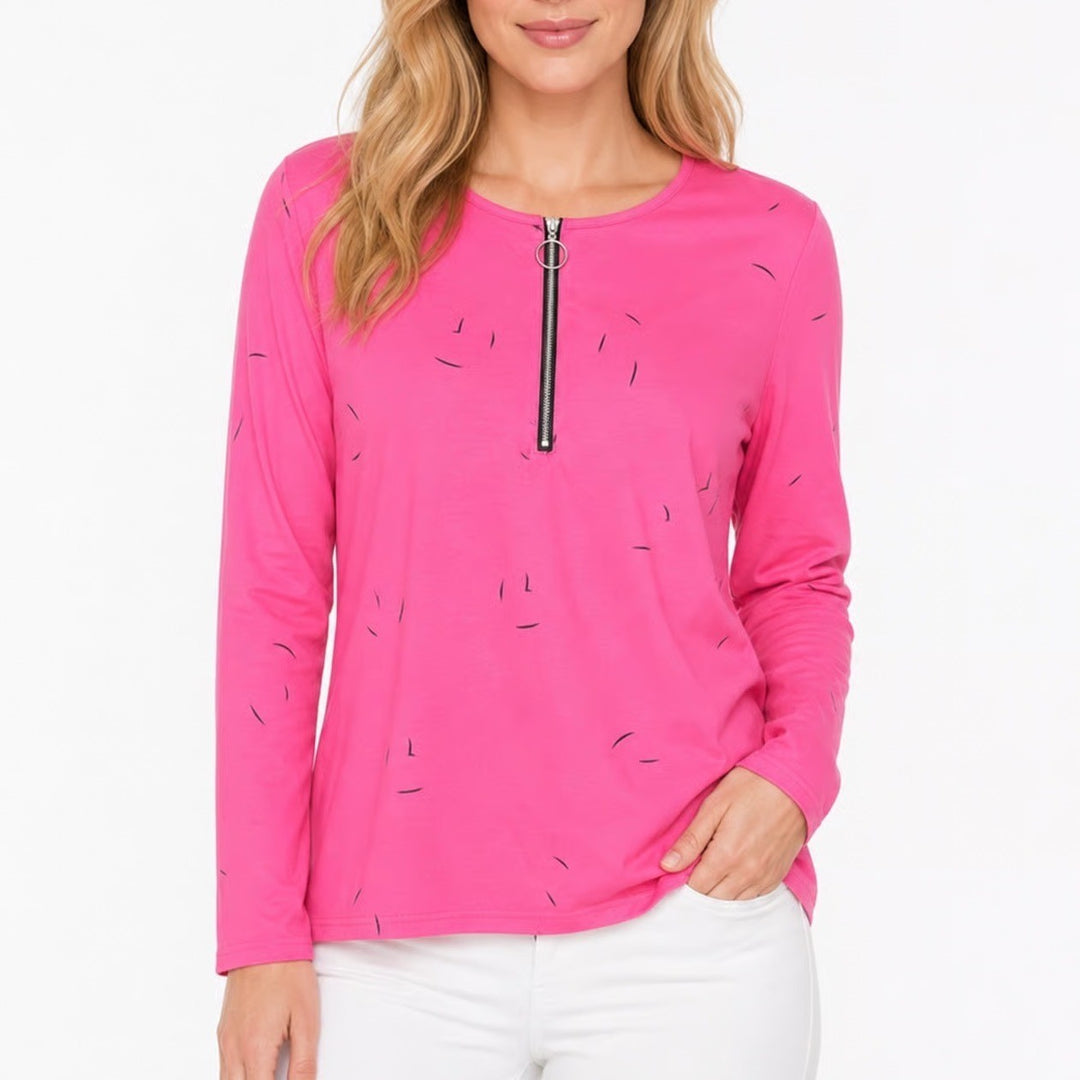 Hot Pink Abstract Dash Half Zip O-Ring Long Sleeve Top XL