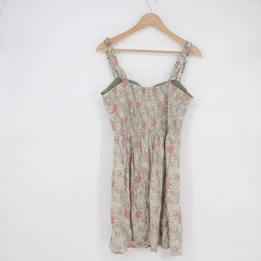 AUW Floral Mini Dress L Green Pink Ruffle Strap Smocked Back Womens